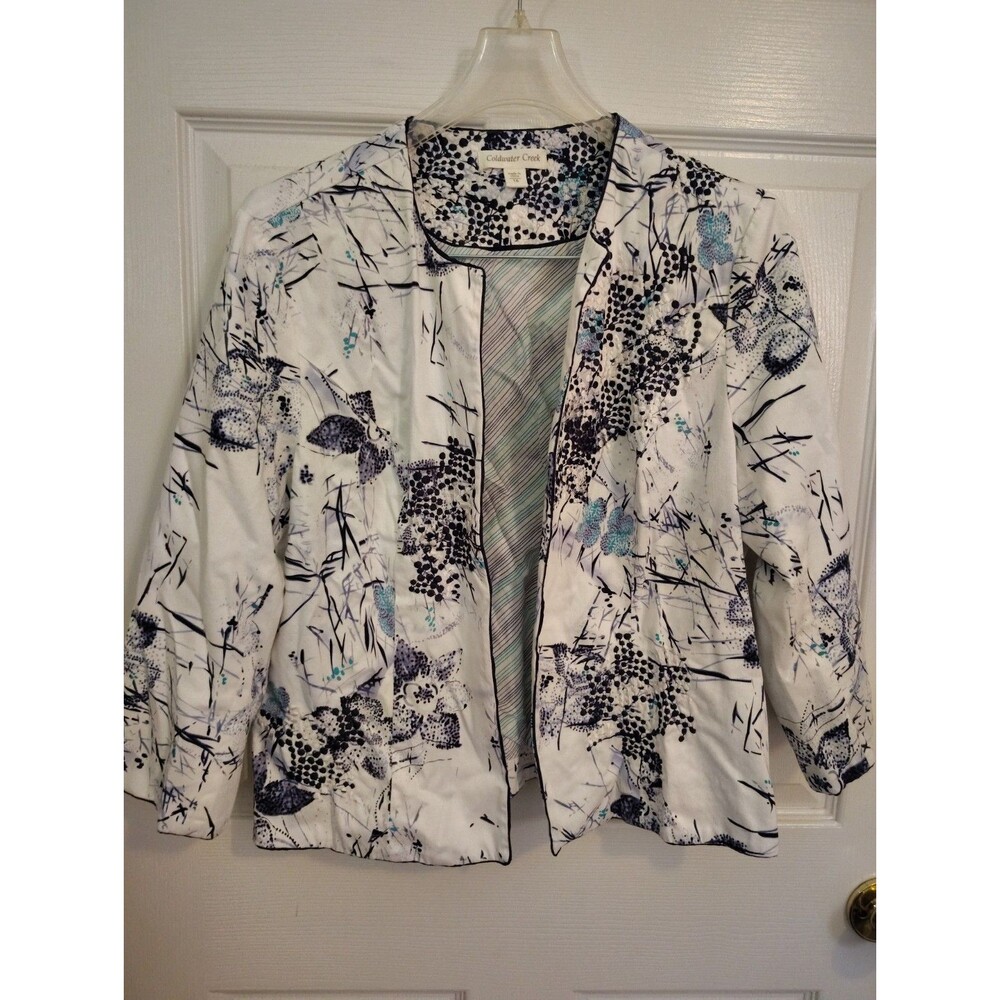 Coldwater Creek Women's Floral Open Front Lightweight Short Jacket White/Blue 16